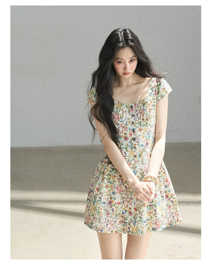 "Bloom in Full Glory" Dutch Cream Floral Puff Mini Dress