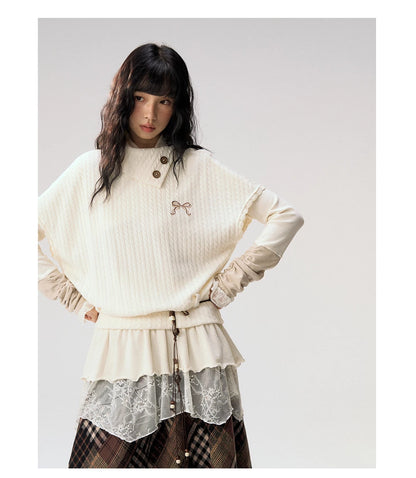 [CAN] "Cloud Knit Reverie" Ivory Cable Knit Bow Embroidered Vest