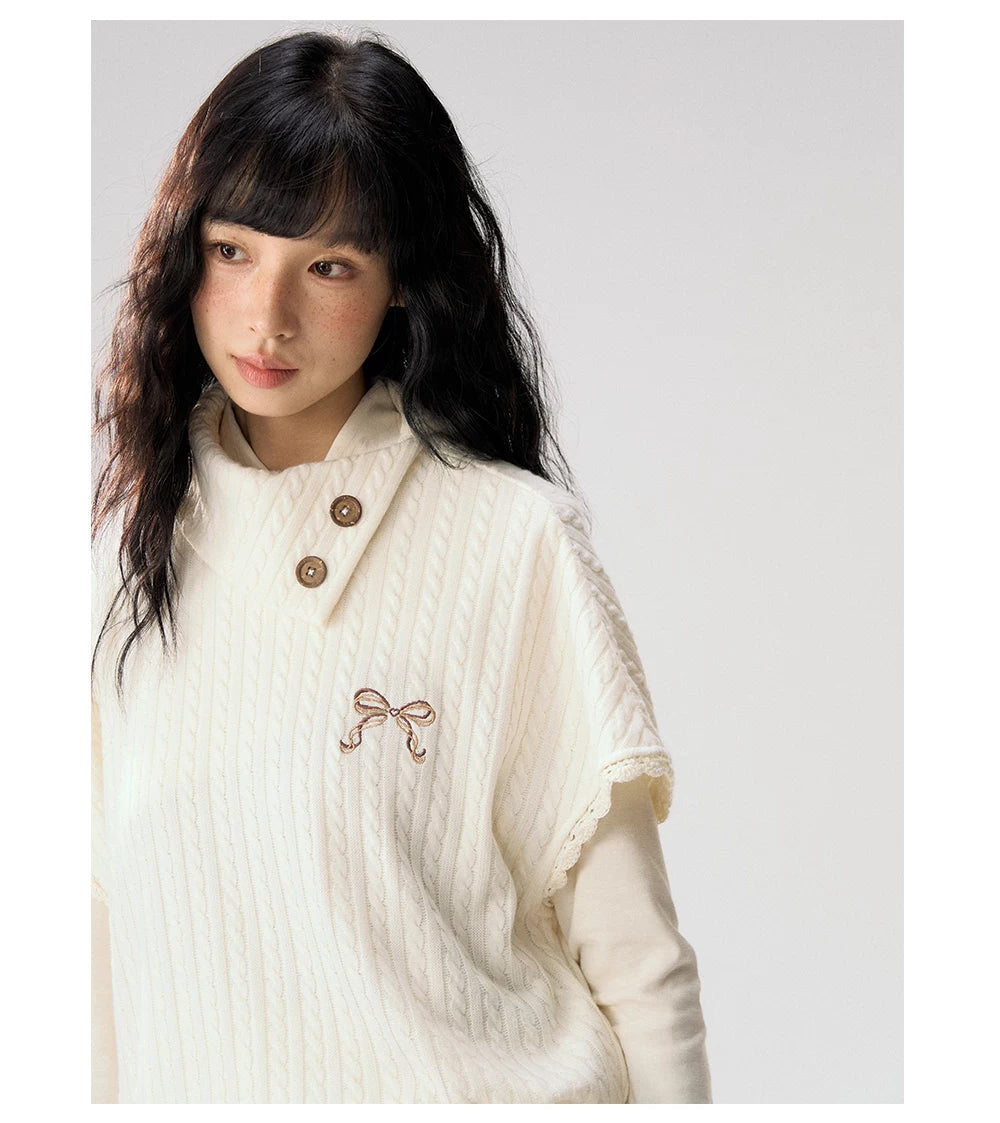 [CAN] "Cloud Knit Reverie" Ivory Cable Knit Bow Embroidered Vest
