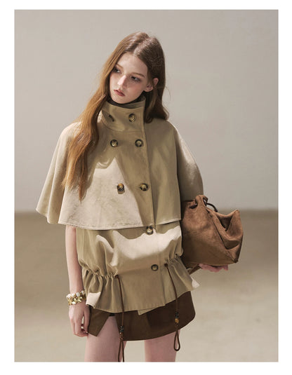AOMALM - "Through the Oak Grove" Almond Taupe Cape Coat with Drawstring