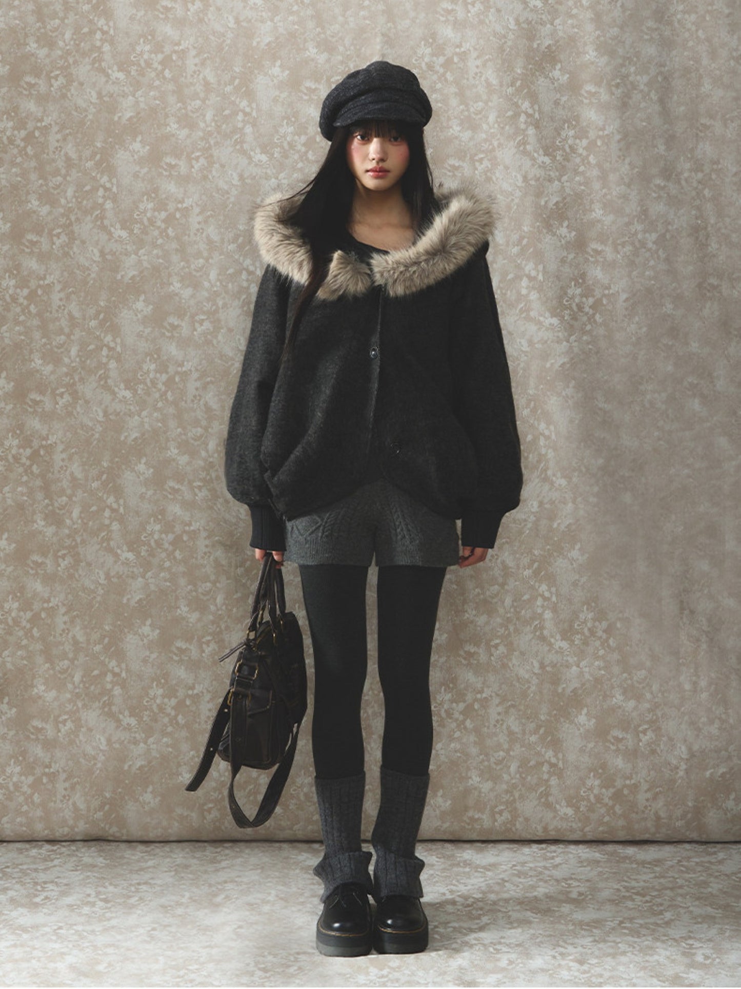 Soote Season - Dark Gray Wool Batwing Cape Coat with Faux-Fur Collar