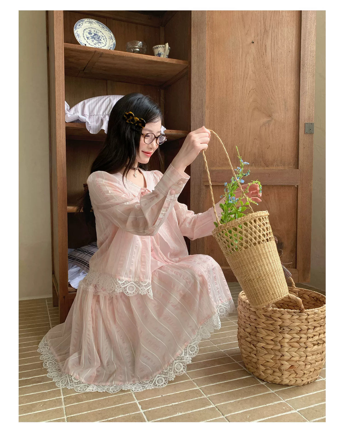 [RF] “Blush Cloud Reverie” Pink Lace-Trim Stripe Blouse & Skirt Set