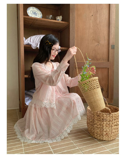 [RF] “Blush Cloud Reverie” Pink Lace-Trim Stripe Blouse & Skirt Set