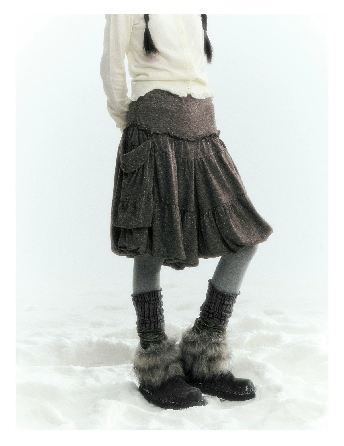 Horridale - Gray Brown Green Polka Dot Low-Rise Knit Bubble Skort