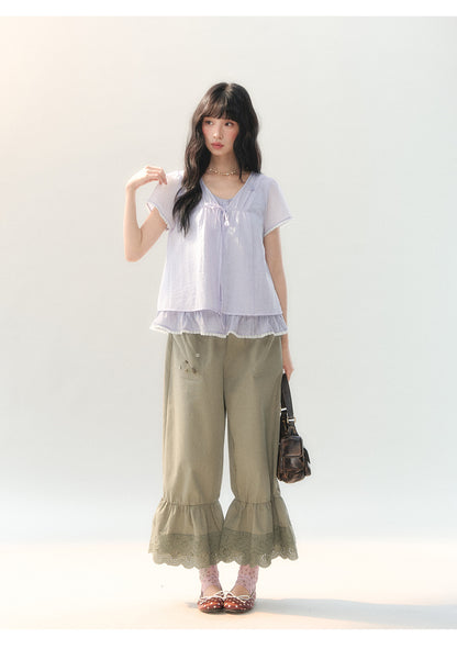 [CAN] "Lilac Cotton Bloom" Lavender Lace Trim Lightweight Cardigan