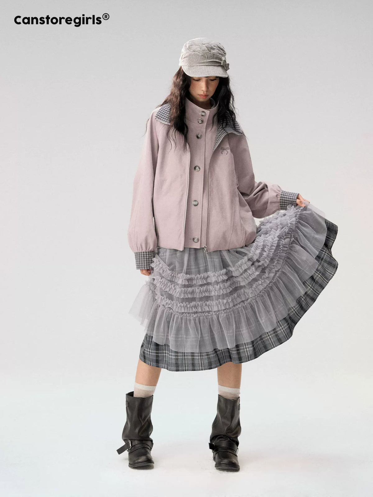 [CAN] "Gray Plaid Reverie" Gray Purple Plaid Mesh Layered Midi Skirt