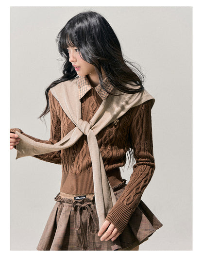 少也眼 “Unfinished Poem” Preppy Plaid-Collar Cable Knit Sweater - Coffee