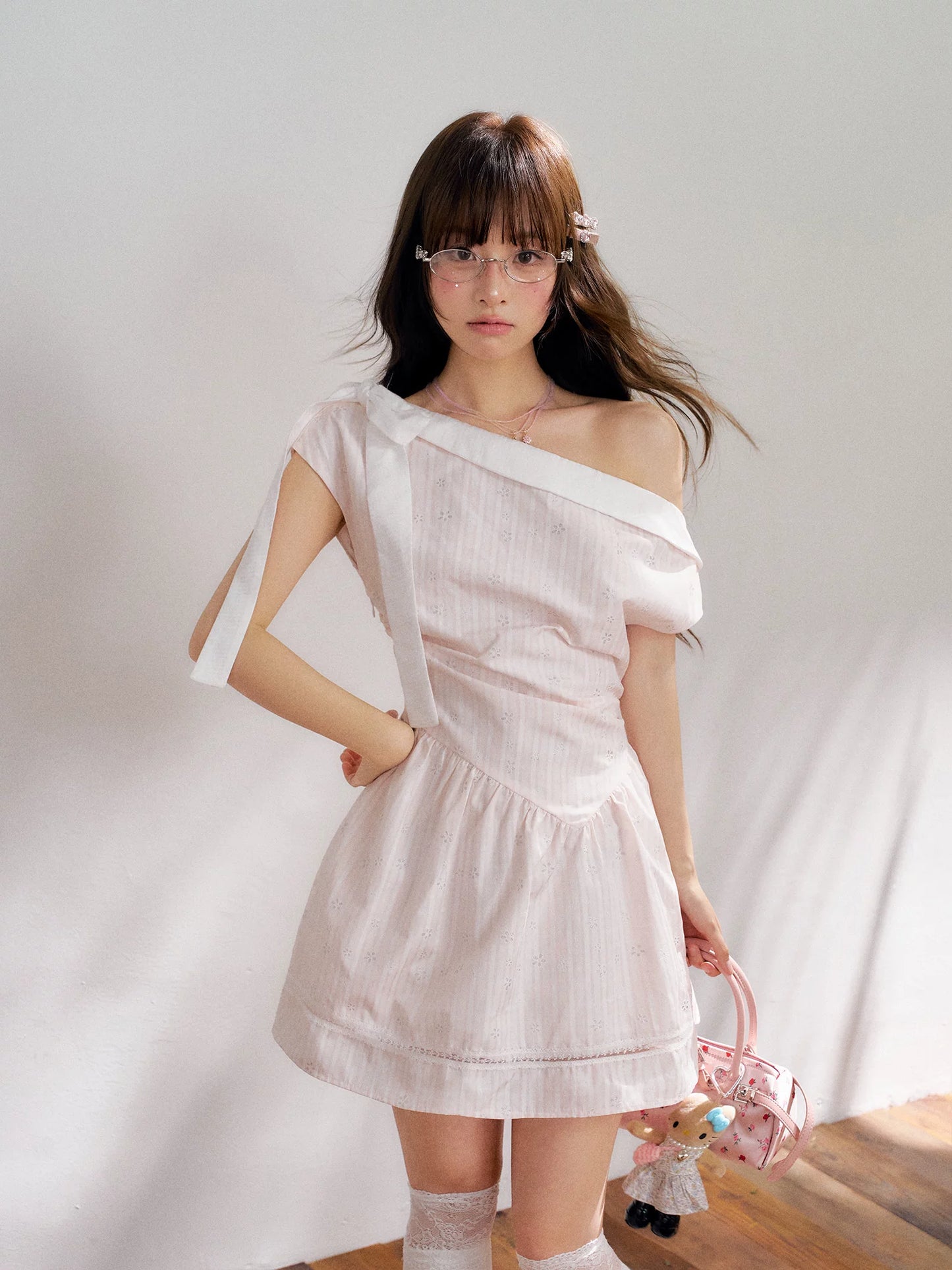 “Cloud Ballet Reverie” Blush Pink Off-Shoulder Dress