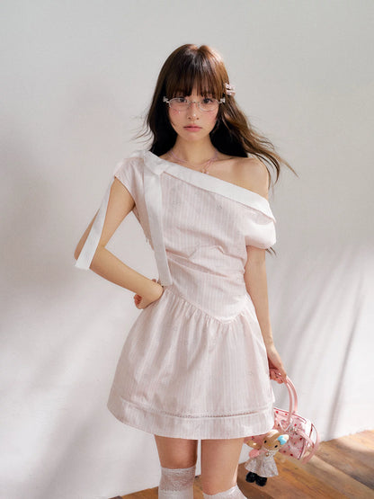 “Cloud Ballet Reverie” Blush Pink Off-Shoulder Dress