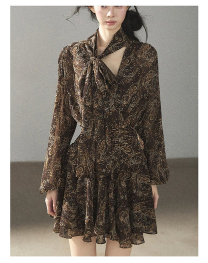 "Wait for a Tree of Blossoms" Cocoa Brown French Long-Sleeve Chiffon Dress (+ Camisole)