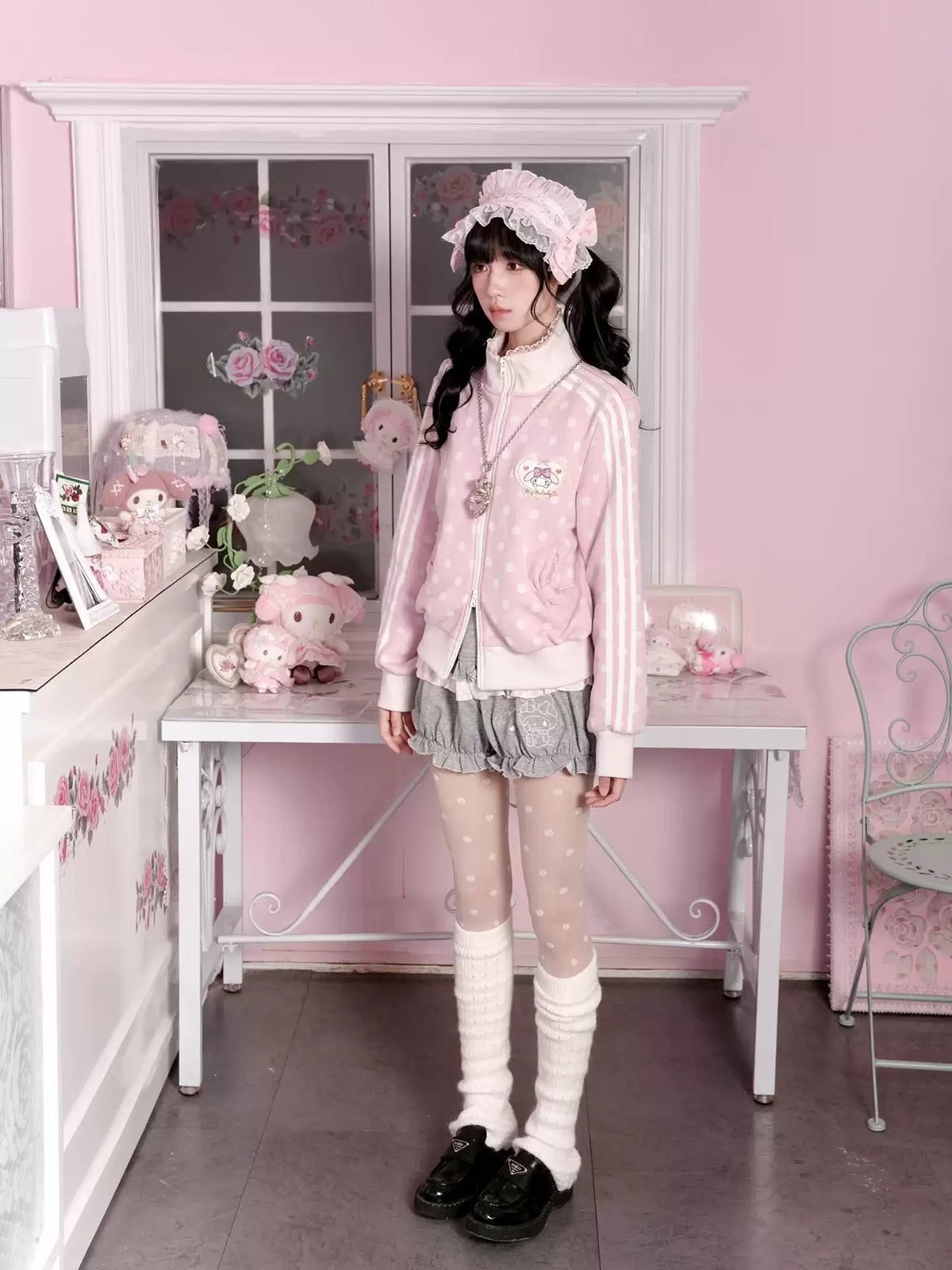 KYOUKO - My Melody Misty Pink Polka Dot Jacket, Gray Bloomers and Pink Lace Skirt Set