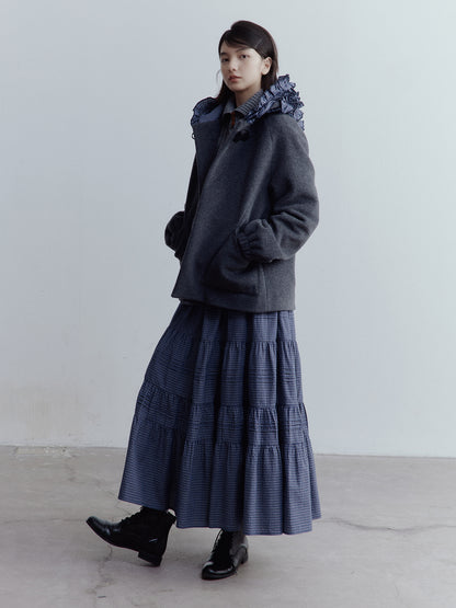 FUSSED Strange Circus Wool Hooded Ruffle-Trim Coat in Deep Heather Grey FOF-25SS137