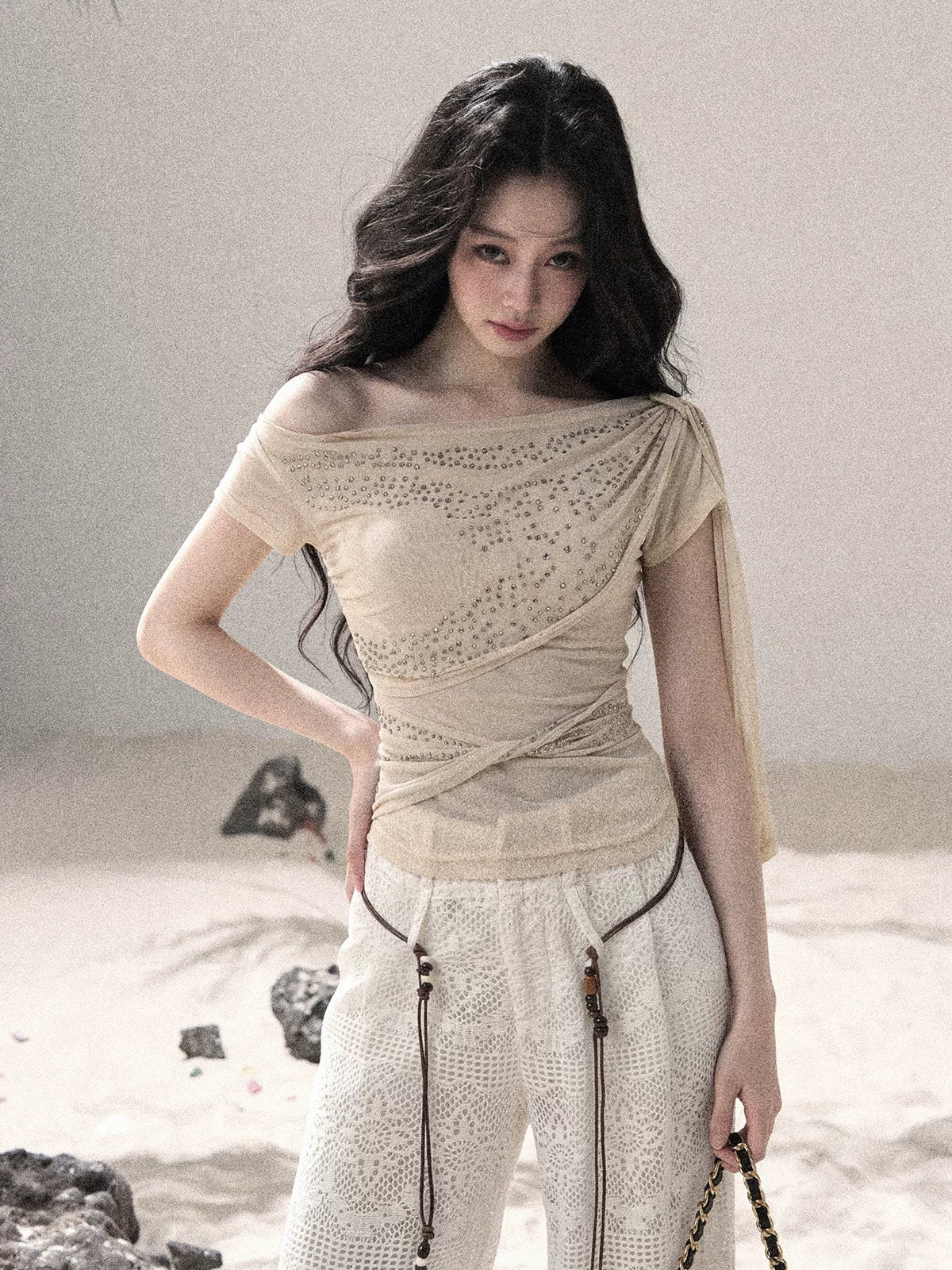 “Frosted Kiss” Dutch Cheese Crystal Mesh Short Sleeve Top