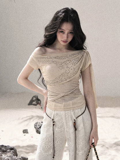 “Frosted Kiss” Dutch Cheese Crystal Mesh Short Sleeve Top