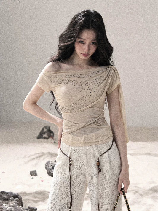 “Frosted Kiss” Dutch Cheese Crystal Mesh Short Sleeve Top