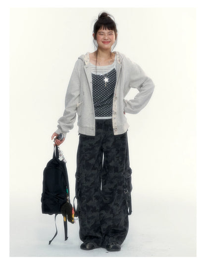 “Heart Dot” Charcoal Polka Dot Lace Trim Fitted Knit Cami