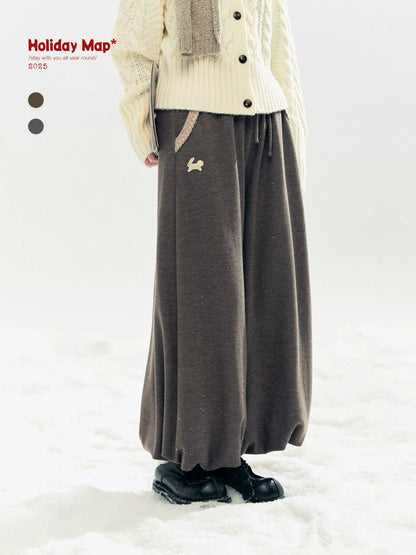"Bunny Tea Party" Fleece-Lined Balloon Wide-Leg Pants (Hazelnut Brown/ Midnight Gray)