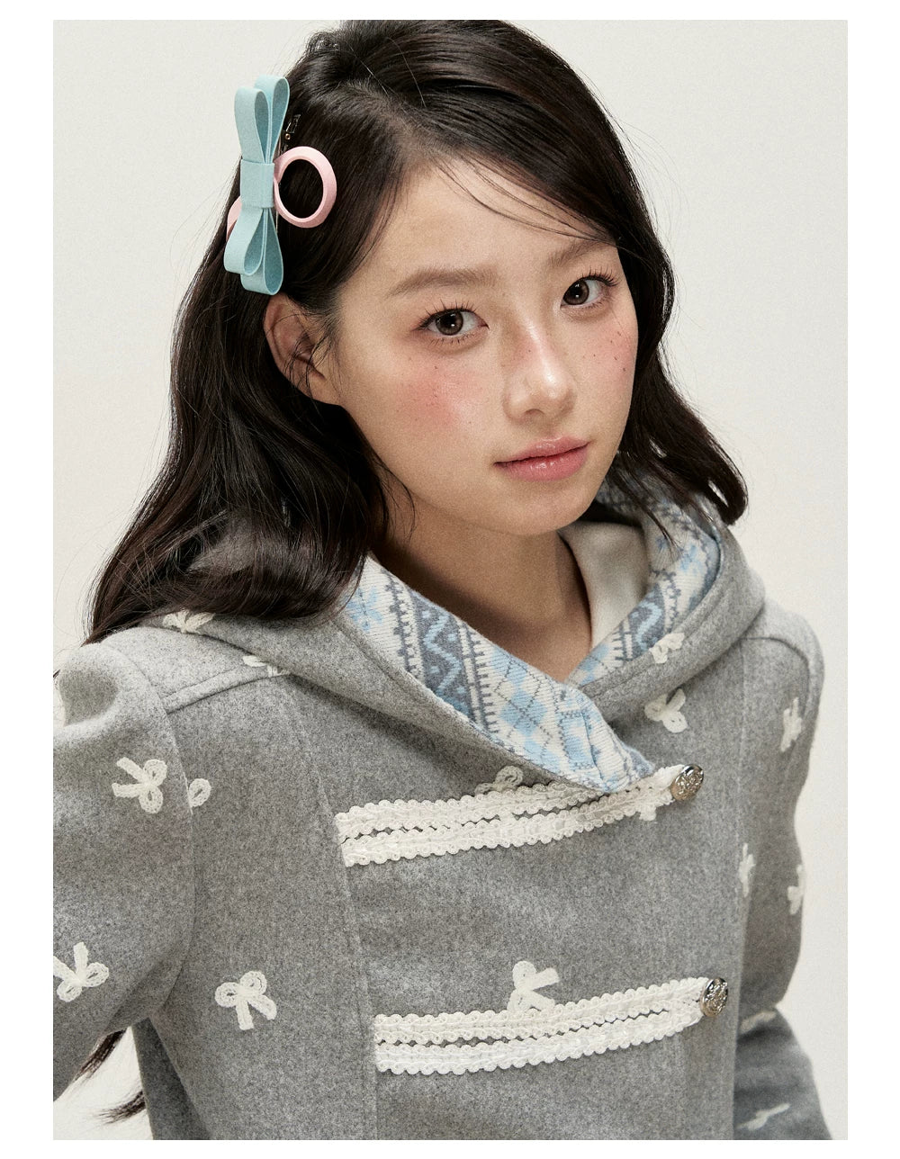 [RF] Heather Gray Vintage Jacquard Hooded Jacket with Frost Mist Blue Details