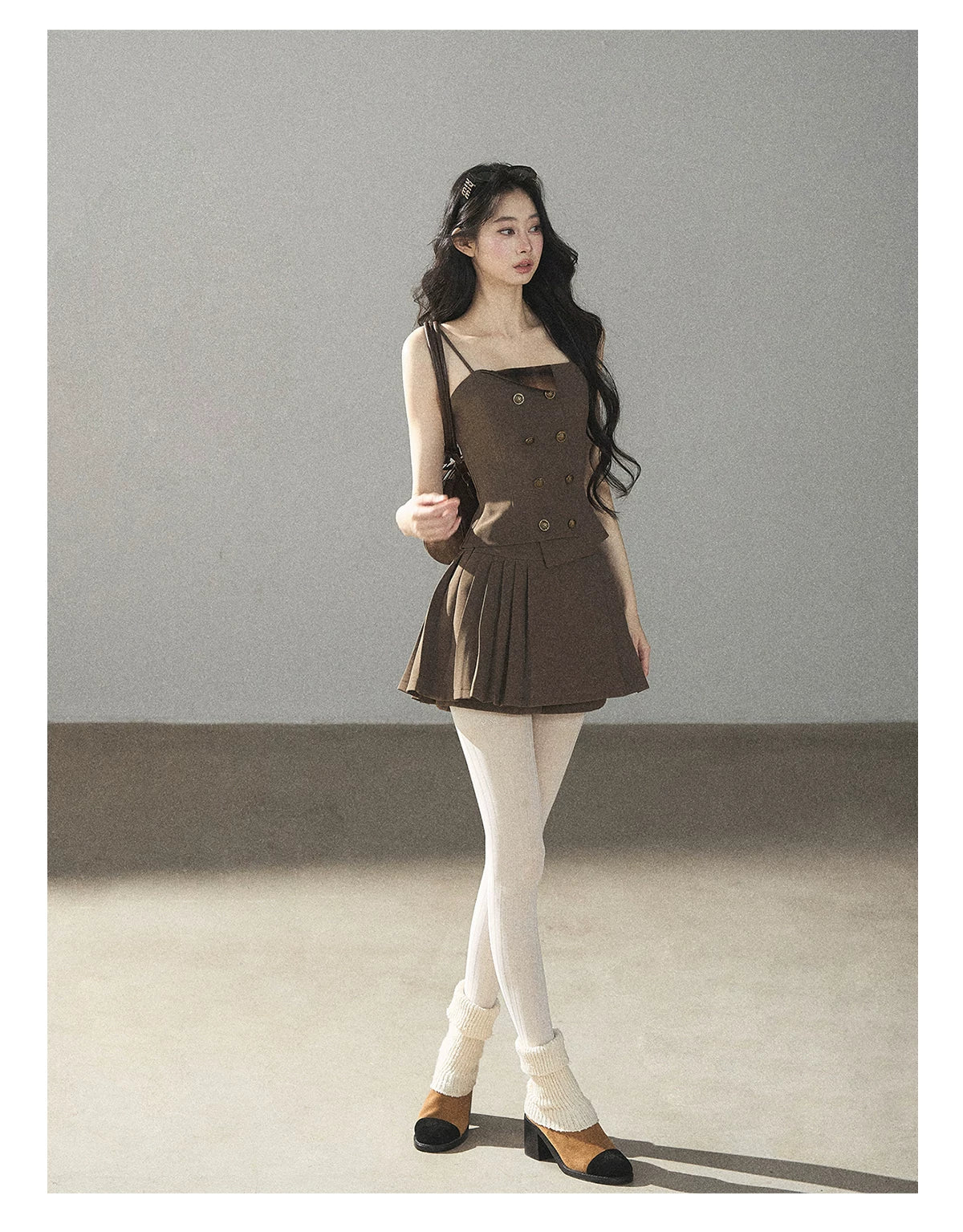 AOMALM - “Evening Breeze in the Valley” Chestnut Brown Blazer, Cami & Pleated Skort Set