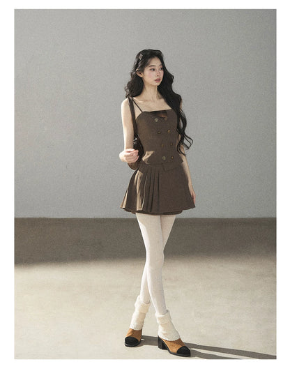 AOMALM - “Evening Breeze in the Valley” Chestnut Brown Blazer, Cami & Pleated Skort Set