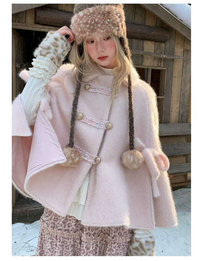 RF - Vintage Pink Fuzzy Cropped Cape Coat with Ribbon Buttons