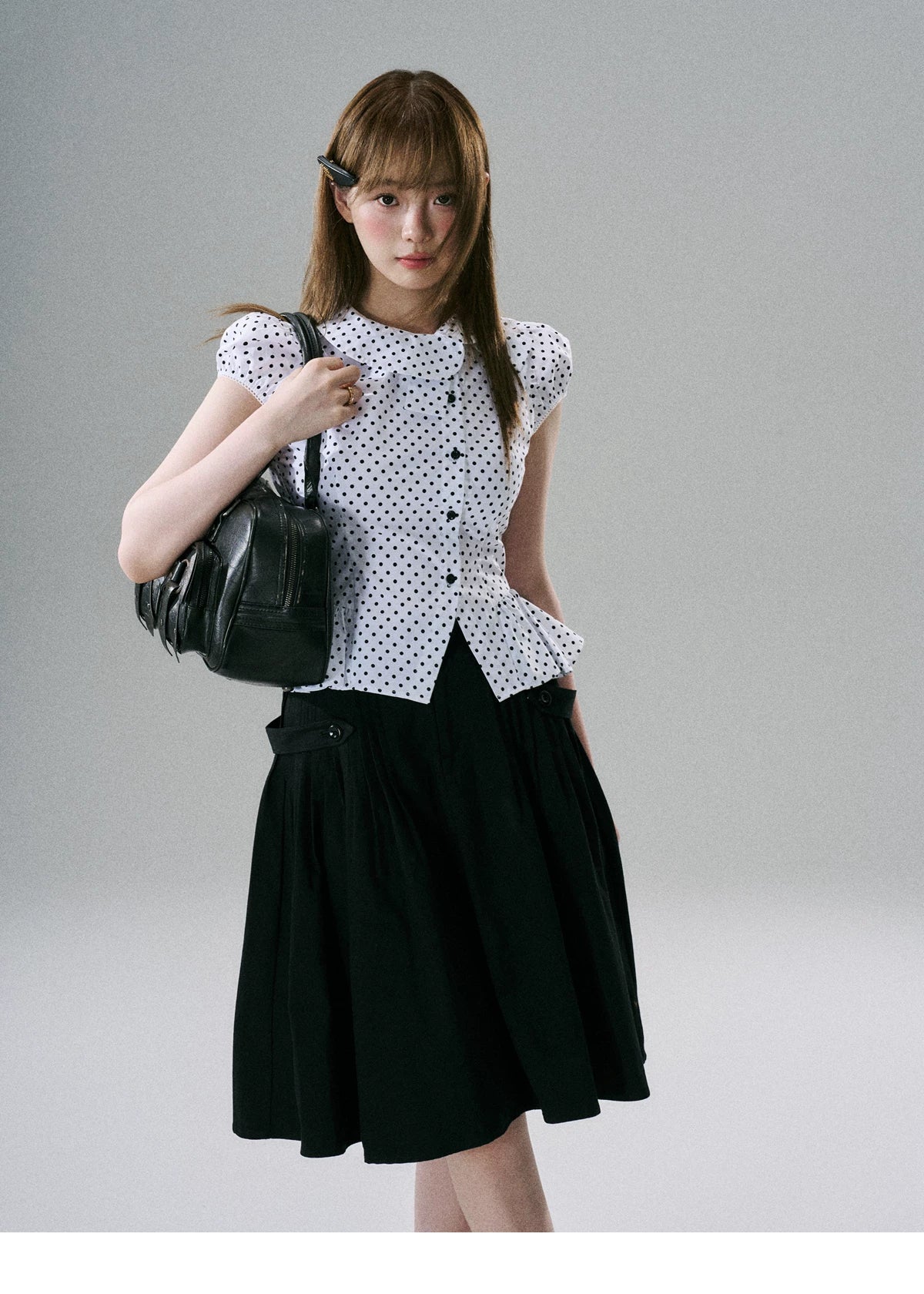 LOST FOREST - White & Black Polka Dot Asymmetrical Cotton Blouse