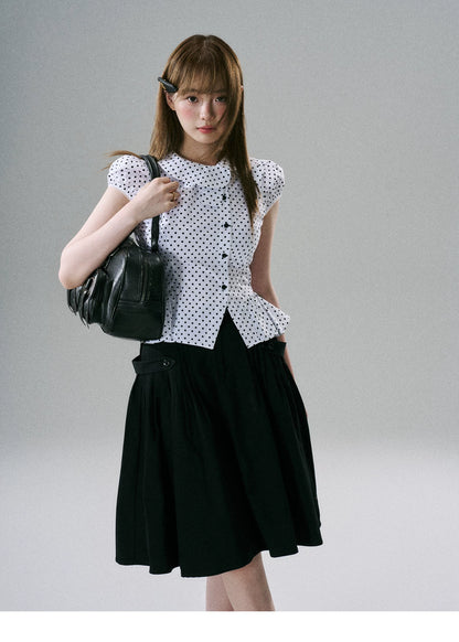 LOST FOREST - White & Black Polka Dot Asymmetrical Cotton Blouse
