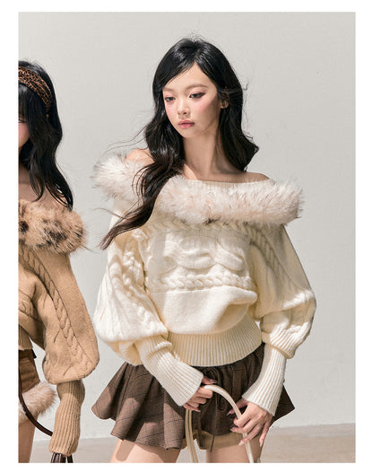 少也眼 “Tea-Scented Dusk” Off-Shoulder Mohair Sweater with Detachable Fur Trim 168459846