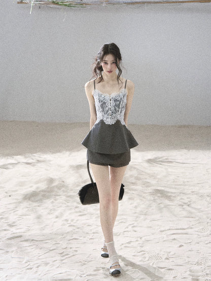 "Exclusively Hers" Intellect Gray Lace Cami & Skort Set