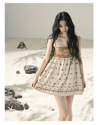 "Whispers Through the Wheat Fields" Oat Beige Floral Cami Babydoll Mini Dress