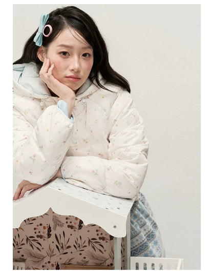 RF - Ivory Floral Print Cropped Hooded Down Jacket with Contrast Lining
