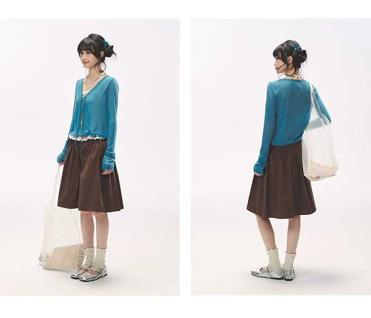 "Comfort Corner" Tie-Front Knit Cardigan (Melon Green/ Peacock Blue)
