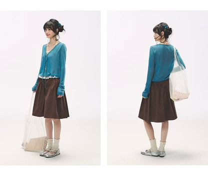 "Comfort Corner" Tie-Front Knit Cardigan (Melon Green/ Peacock Blue)