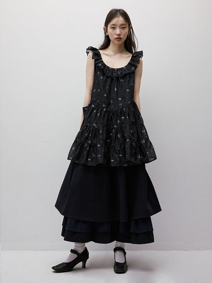 FUSSED Dropping Flora Burnout Floral Babydoll Dress – Dark Blue Short Version FOF-25SS036b