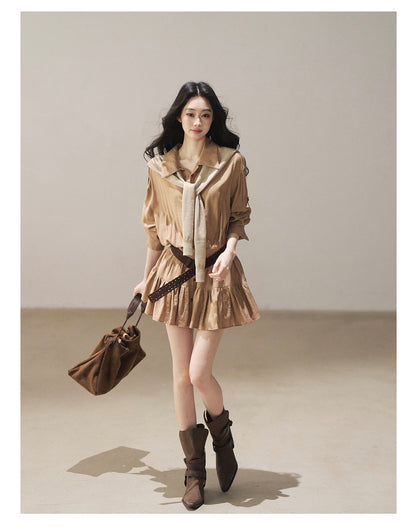 170726 "Through the Golden Wheat Fields" Chestnut Brown Utility Shirt Mini Dress with Belt & Shorts