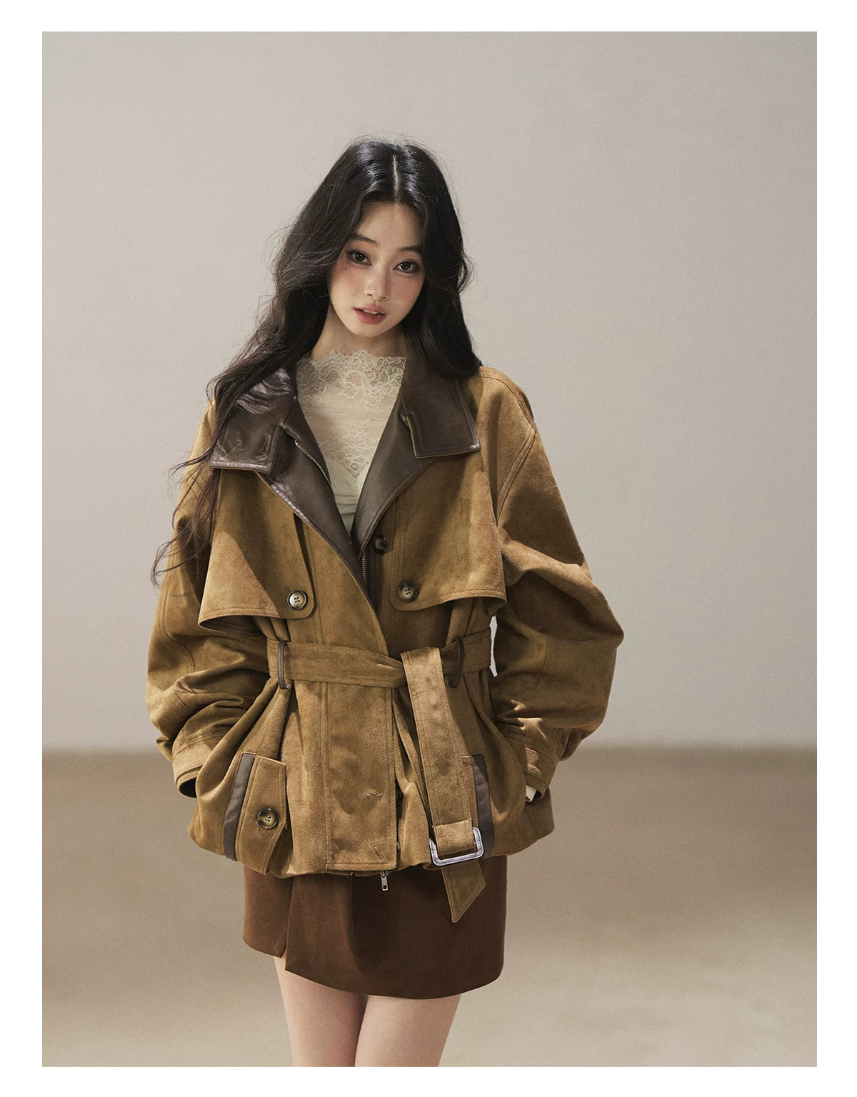 AOMALM - Chestnut Brown Faux-Suede Cropped Utility Coat with Belt