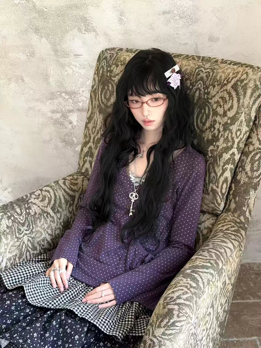 KYOUKO - Grape Purple Polka-Dot Top & Vintage Skirt Set