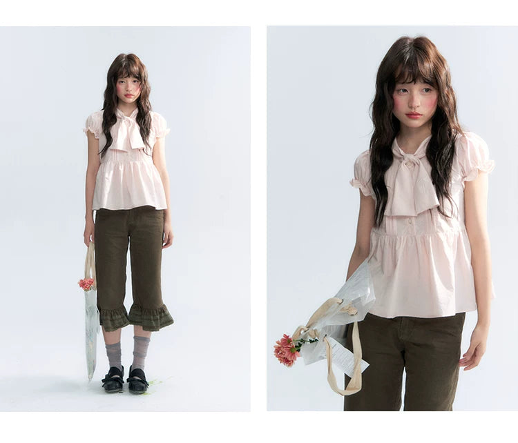 "Rosy Whisper" Dusty Pink Bow Embroidered Puff Sleeve Blouse