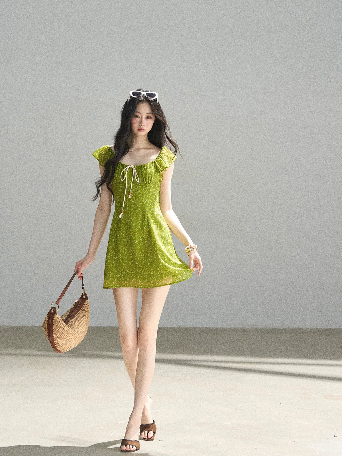 "Emerald Breeze" Primrose Green Floral Chiffon Mini Dress