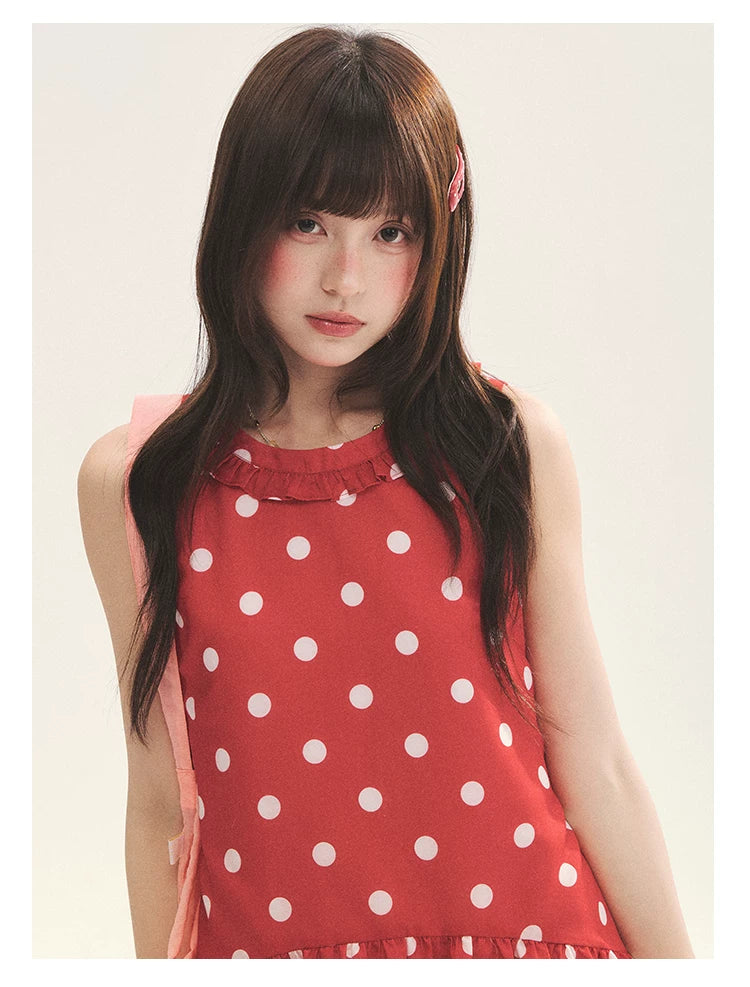 "Polka Dot Layers" Red Polka Dot Tiered A-Line Maxi Cami Dress