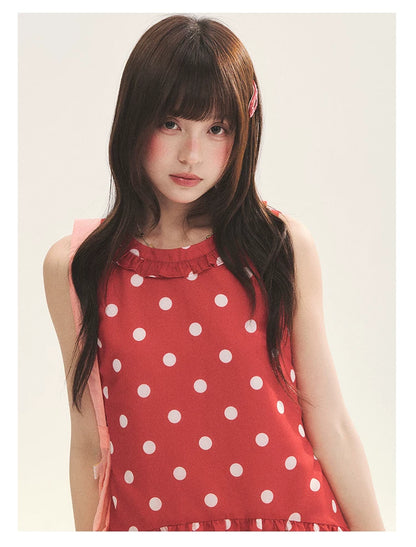 "Polka Dot Layers" Red Polka Dot Tiered A-Line Maxi Cami Dress