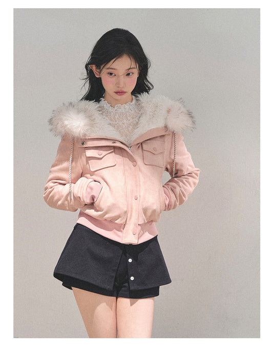 少也眼 “Snowvel Embrace” Hooded Sherpa Jacket - Cinnamon Pink 874351