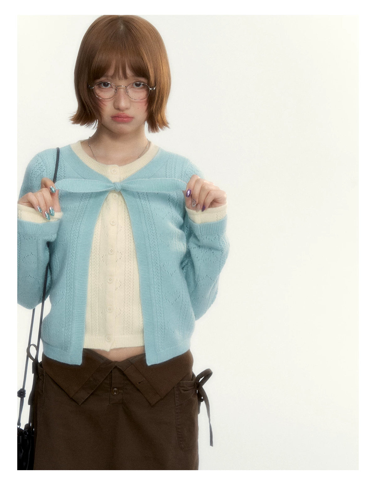 Korean Contrast Bow-Tie Layered Knit Cardigan (Blue / Purple)
