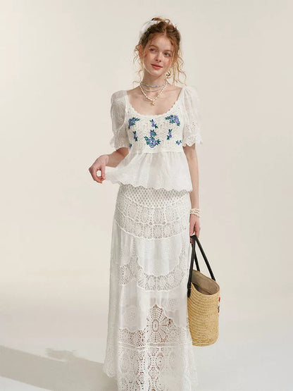 White Floral Embroidery Crochet-Detail Blouse