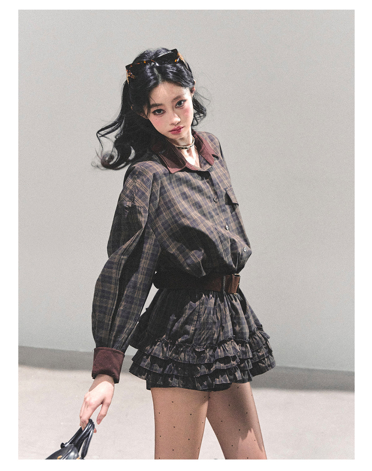 少也眼 “Trajectory of the Sunset” Plaid Polo Shirt Dress with Belt – Mocha Brown 7687648