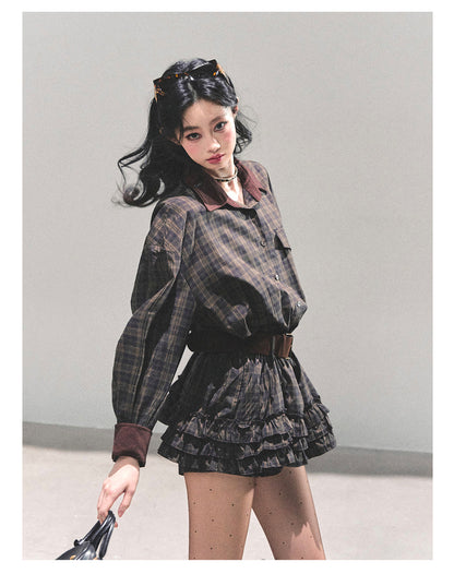 少也眼 “Trajectory of the Sunset” Plaid Polo Shirt Dress with Belt – Mocha Brown 7687648