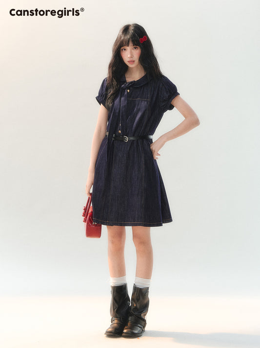 170726C "Soft Blue Bubble" Indigo Denim Doll Collar Dress Set