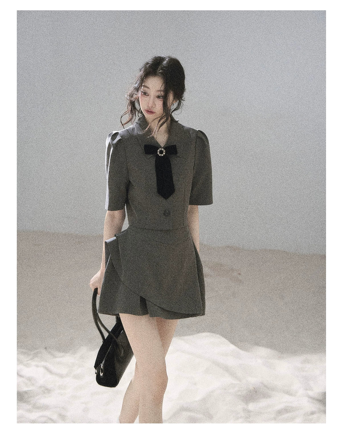 "Paris Afternoon" Slate Gray Bow Top & A-Line Mini Skirt Two-Piece Set