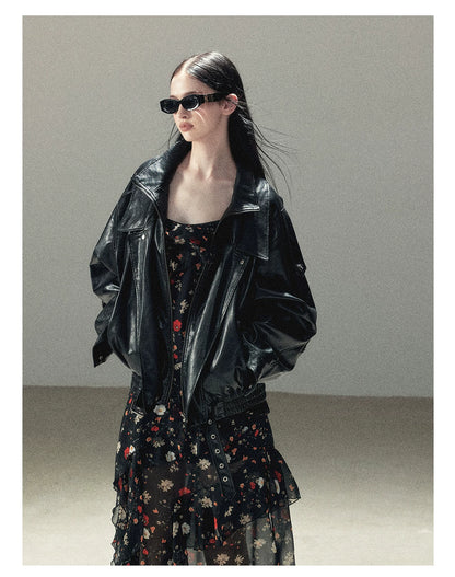 AOMALM - "Solo Journey" Quiet Black Oversized PU Moto Jacket