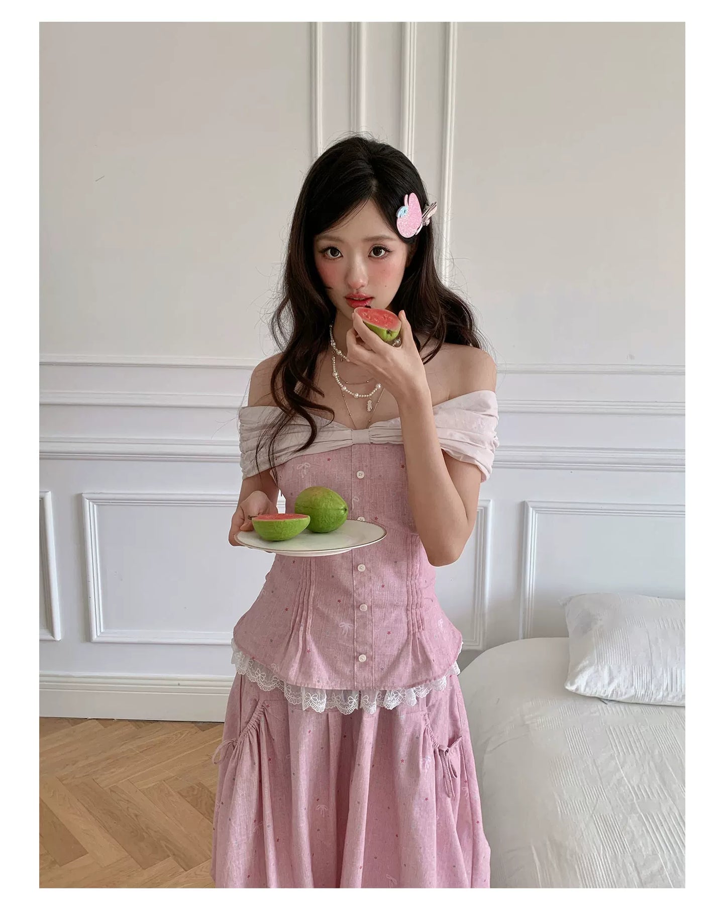 “Peach Mist Starlit Meadow” Pink Off-Shoulder Skirt Set